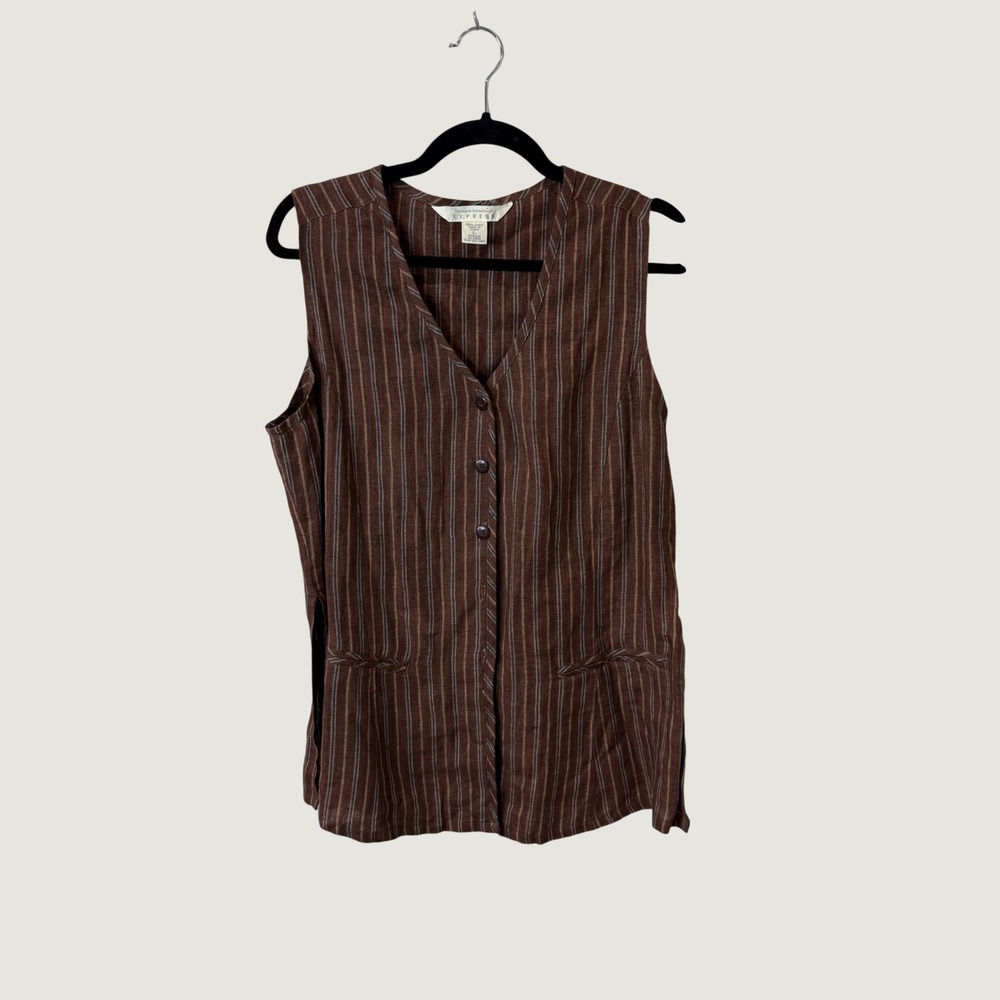 Vintage Express Linen Vest Brown Striped Dark Academia Preppy Fall Layering L